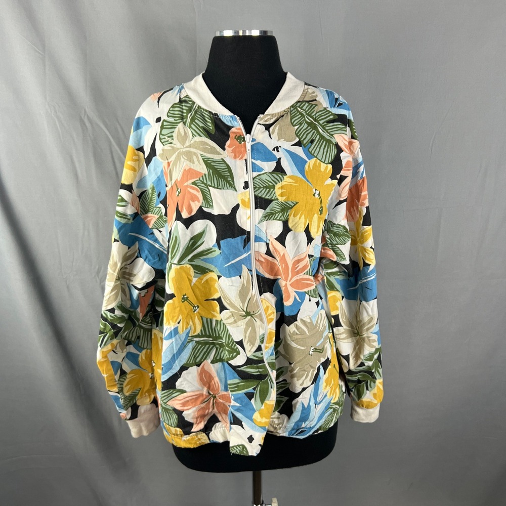 Blair Vintage Tropical Floral Full Zip Bomber Jacket Womens XL Multicolor Retro